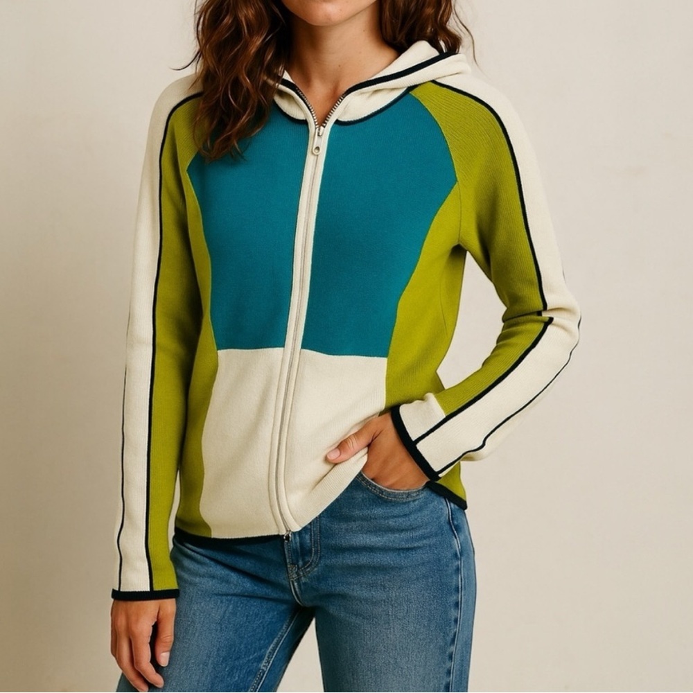 OBERMEYER Two Way Zip Wool Blend Color block Hooded Cardigan Ski Sweater